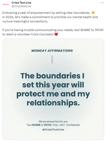 Organizacja Crisis Text Line – post na Twitterze (X)